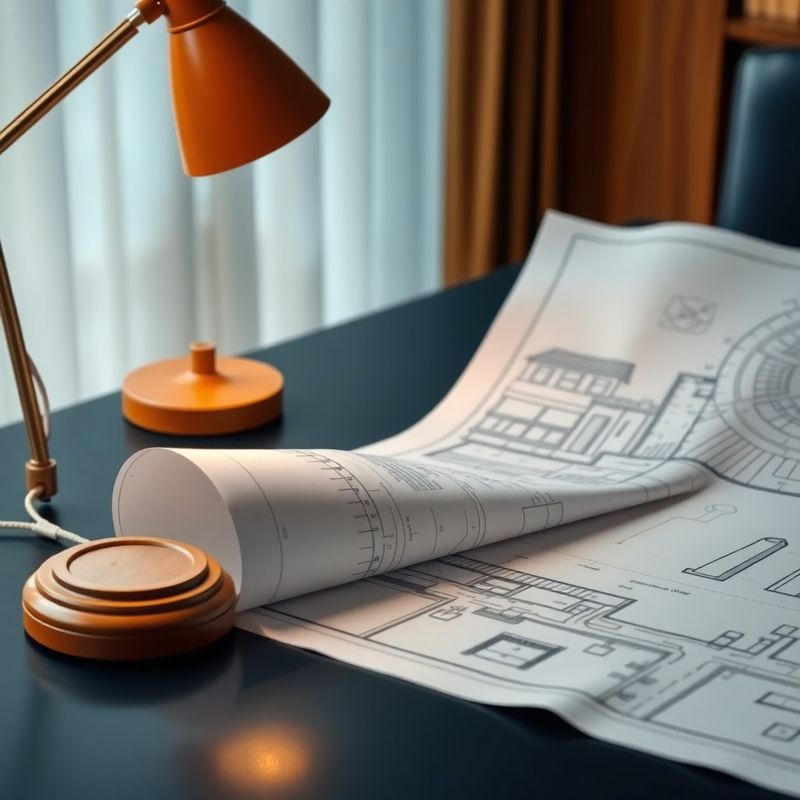 Plan arhitectural parțial derulat pe birou indigo cu lampă caldă
